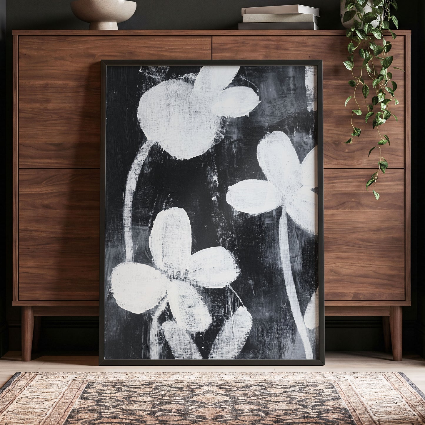 Midnight Petal Study, black, white, gray floral wall art displayed in a styled interior, gallery view 2