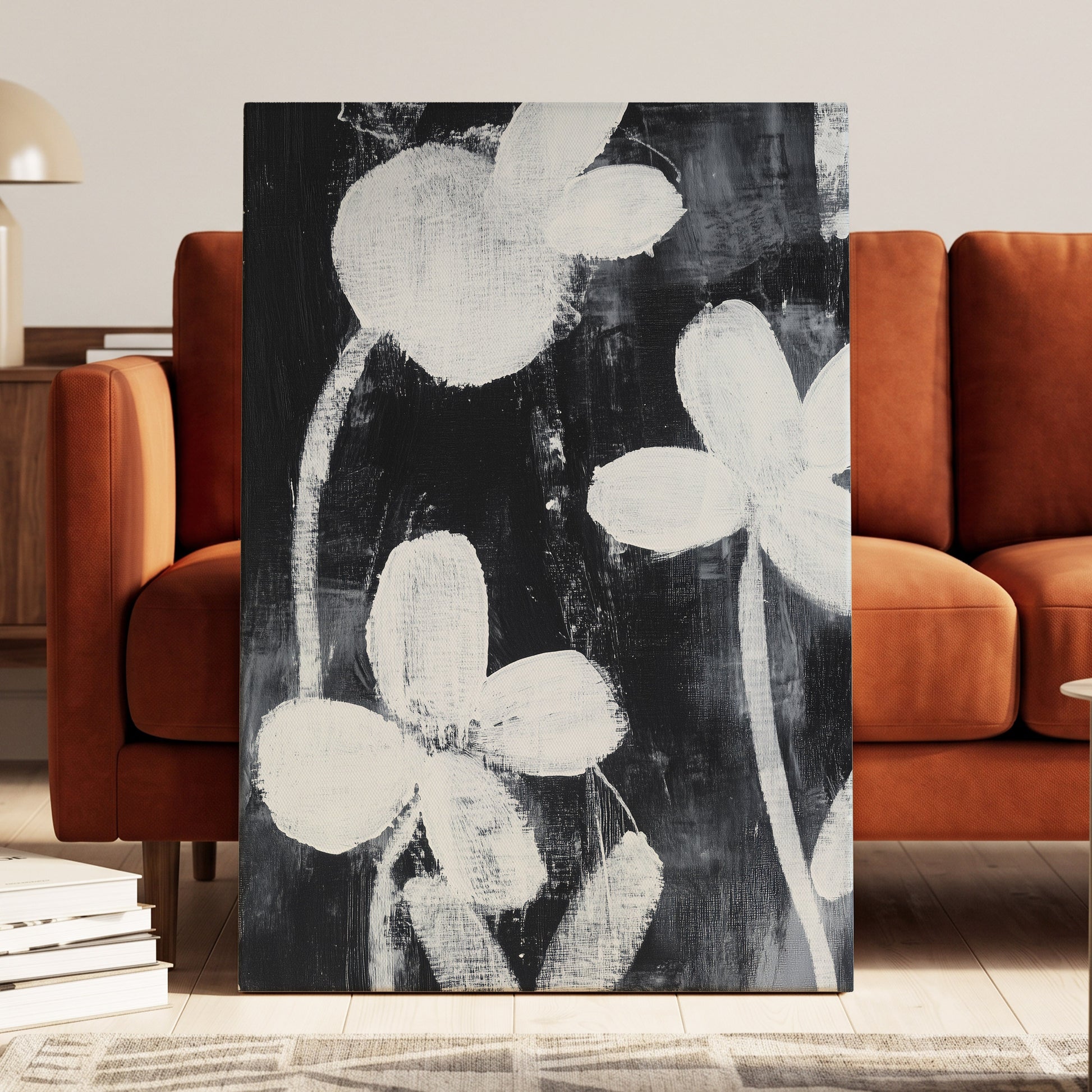Midnight Petal Study, black, white, gray floral wall art displayed in a styled interior, gallery view 3