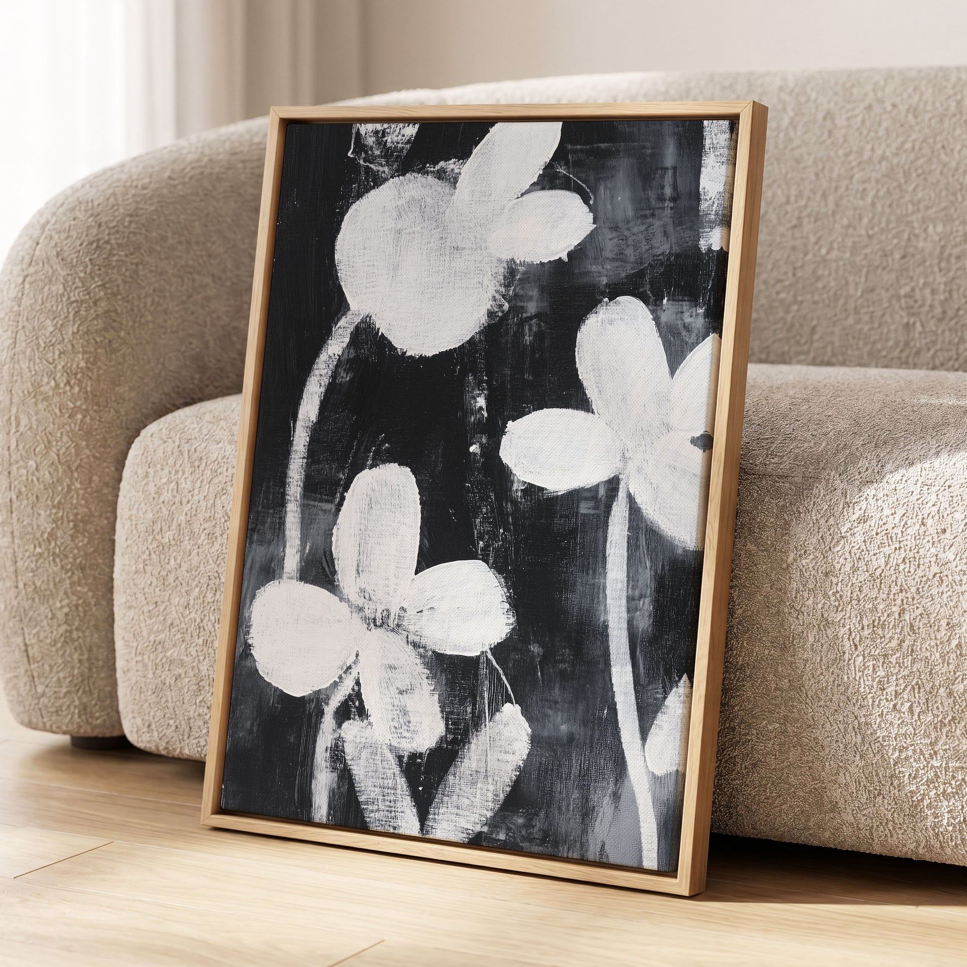 Midnight Petal Study, black, white, gray floral wall art displayed in a styled interior, gallery view 4
