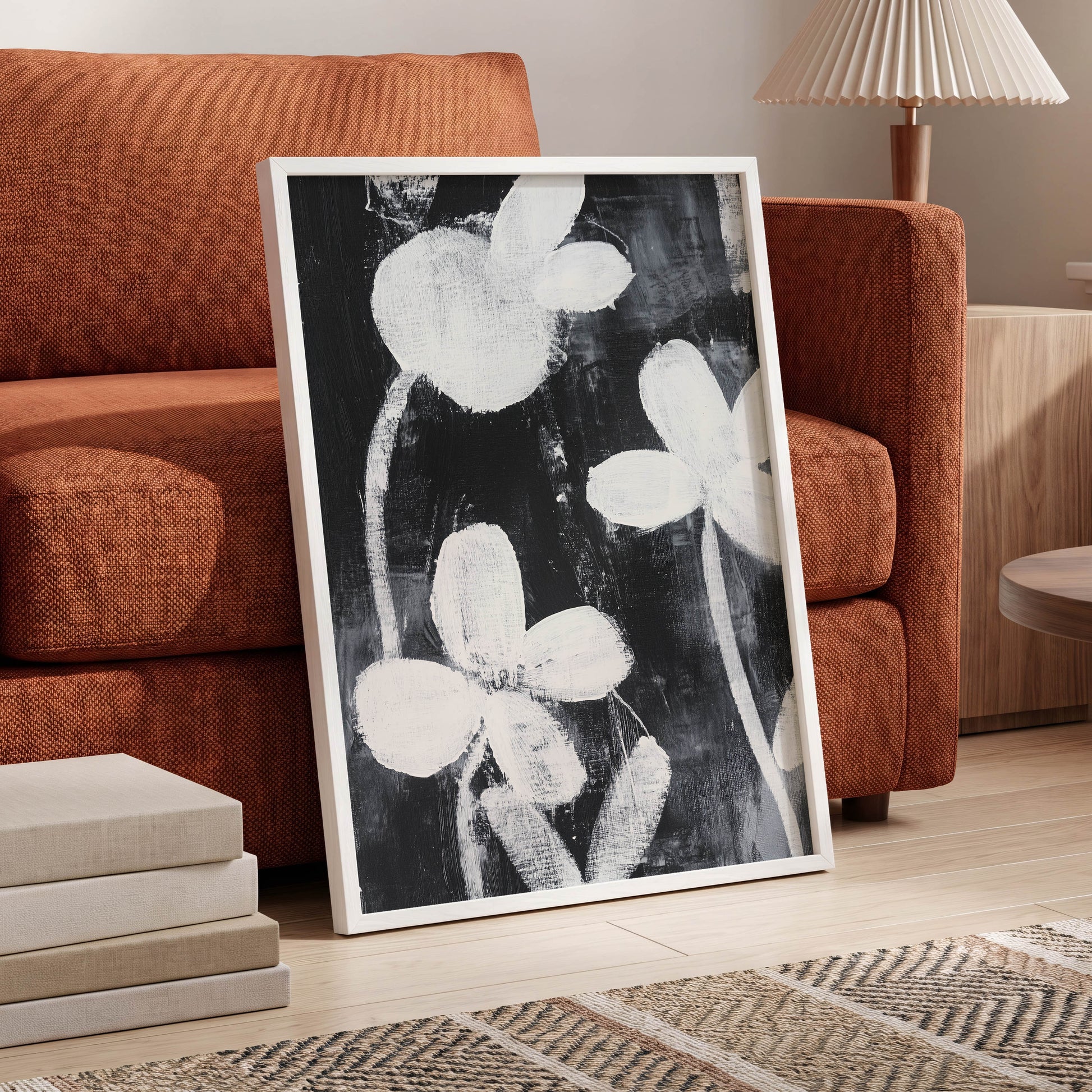 Midnight Petal Study, black, white, gray floral wall art displayed in a styled interior, gallery view 6