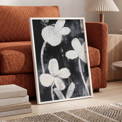 Midnight Petal Study, black, white, gray floral wall art displayed in a styled interior, gallery view 6