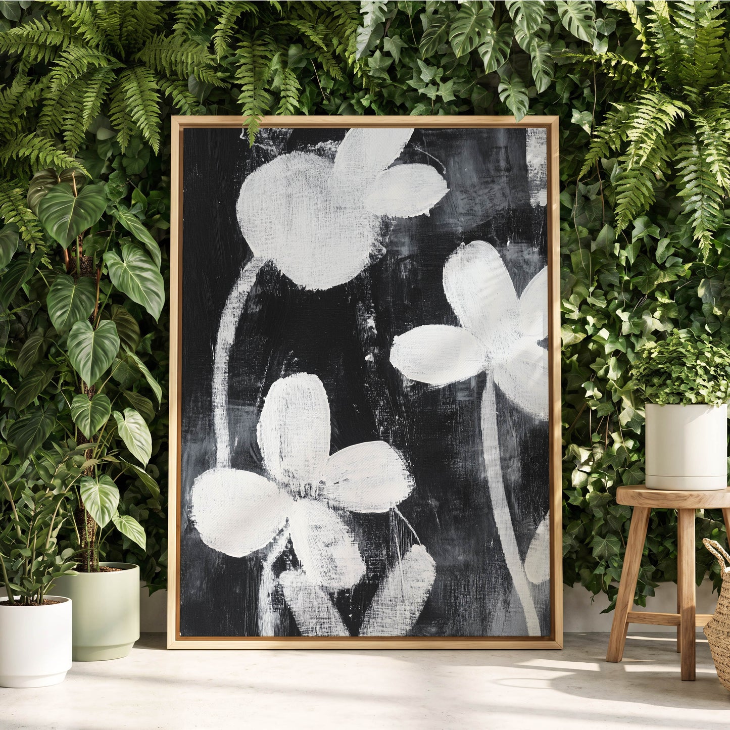 Midnight Petal Study, black, white, gray floral wall art displayed in a styled interior, gallery view 8
