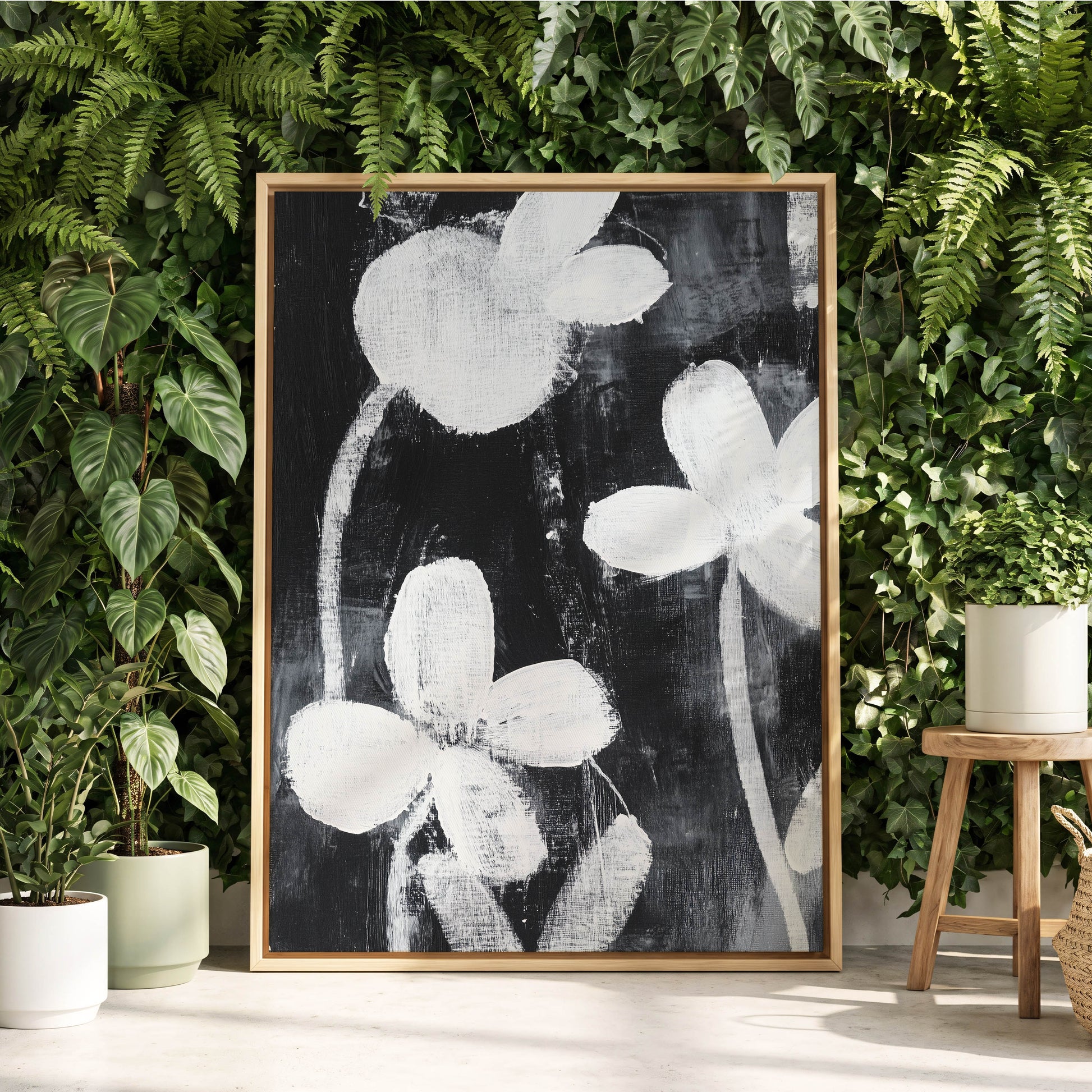 Midnight Petal Study, black, white, gray floral wall art displayed in a styled interior, gallery view 8