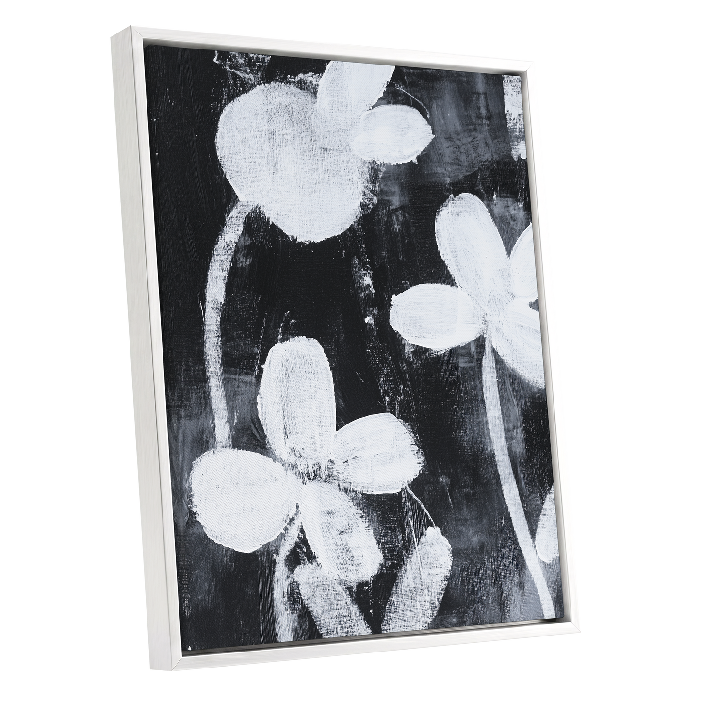Midnight Petal Study, black, white, gray floral wall art shown as a white framed canvas wall art