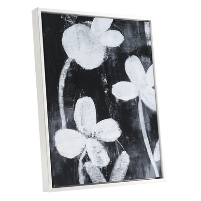 Midnight Petal Study, black, white, gray floral wall art shown as a white framed canvas wall art