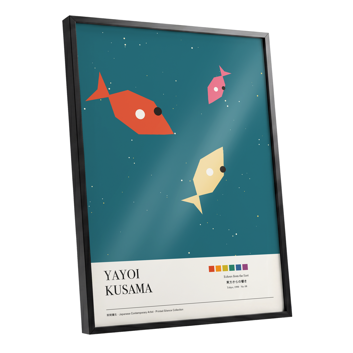Midnight Shoal, blue, beige, orange nature wall art shown as a black framed poster wall art print