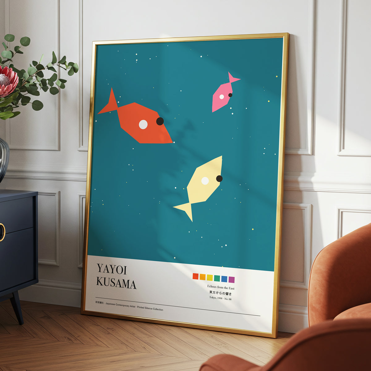 Midnight Shoal, blue, beige, orange nature wall art displayed in a styled interior, gallery view 3
