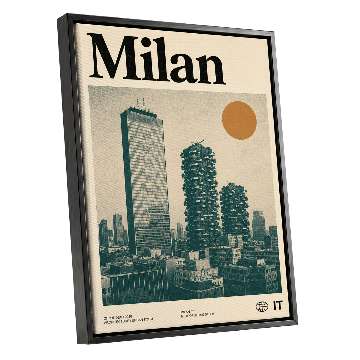 Milan Modernist Skyline, beige, green, black minimalist wall art shown as a black framed canvas wall art