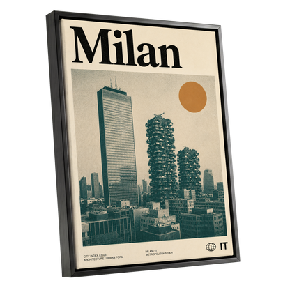 Milan Modernist Skyline, beige, green, black minimalist wall art shown as a black framed canvas wall art