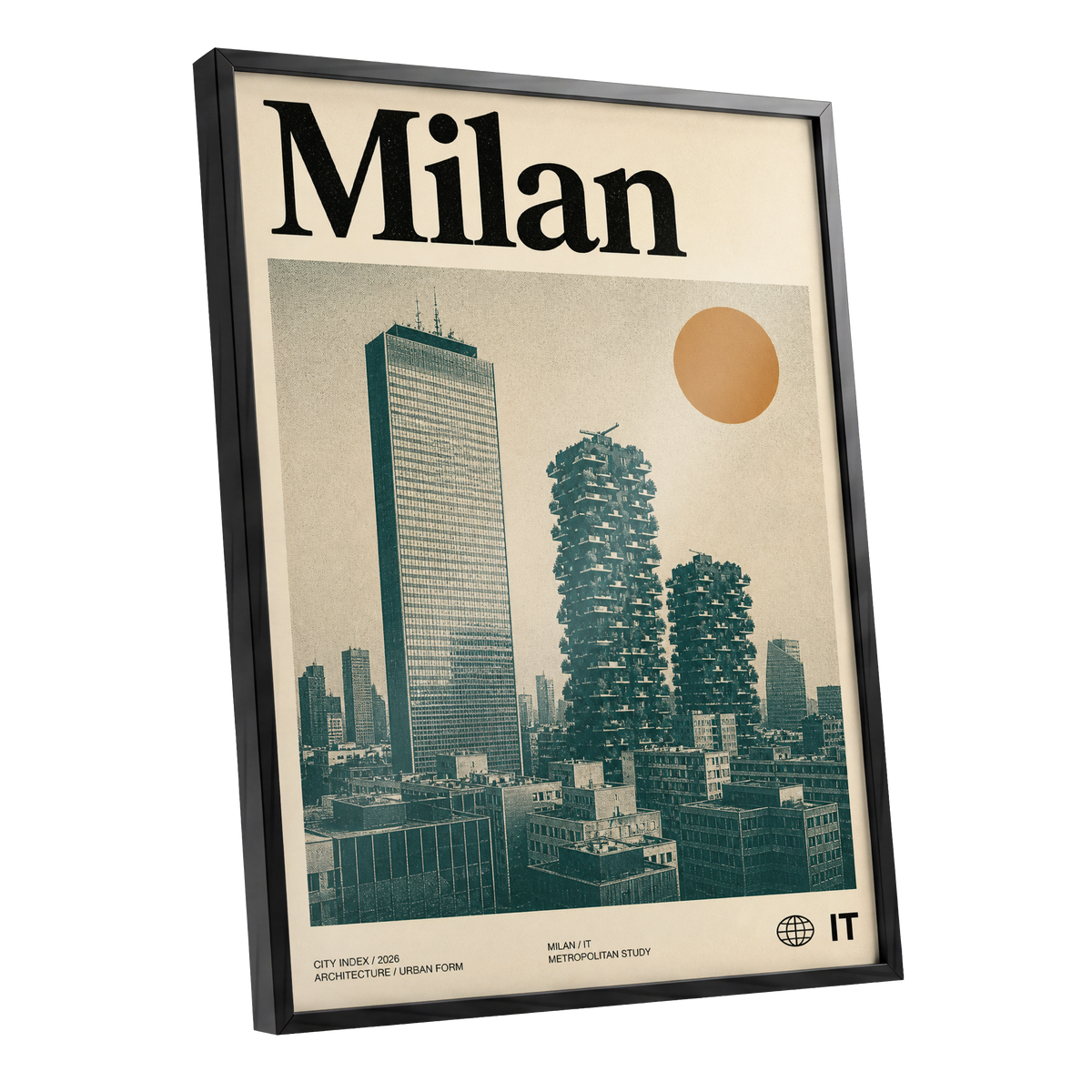 Milan Modernist Skyline, beige, green, black minimalist wall art shown as a black framed poster wall art print