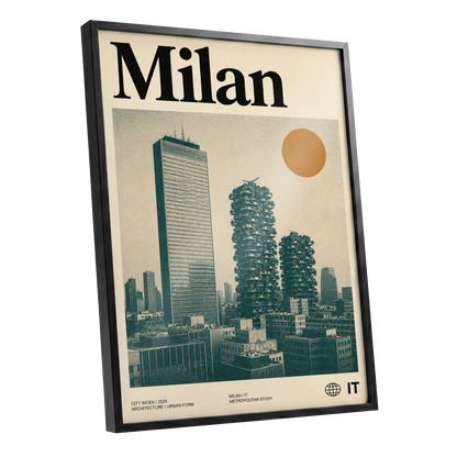 Milan Modernist Skyline, beige, green, black minimalist wall art shown as a black framed poster wall art print