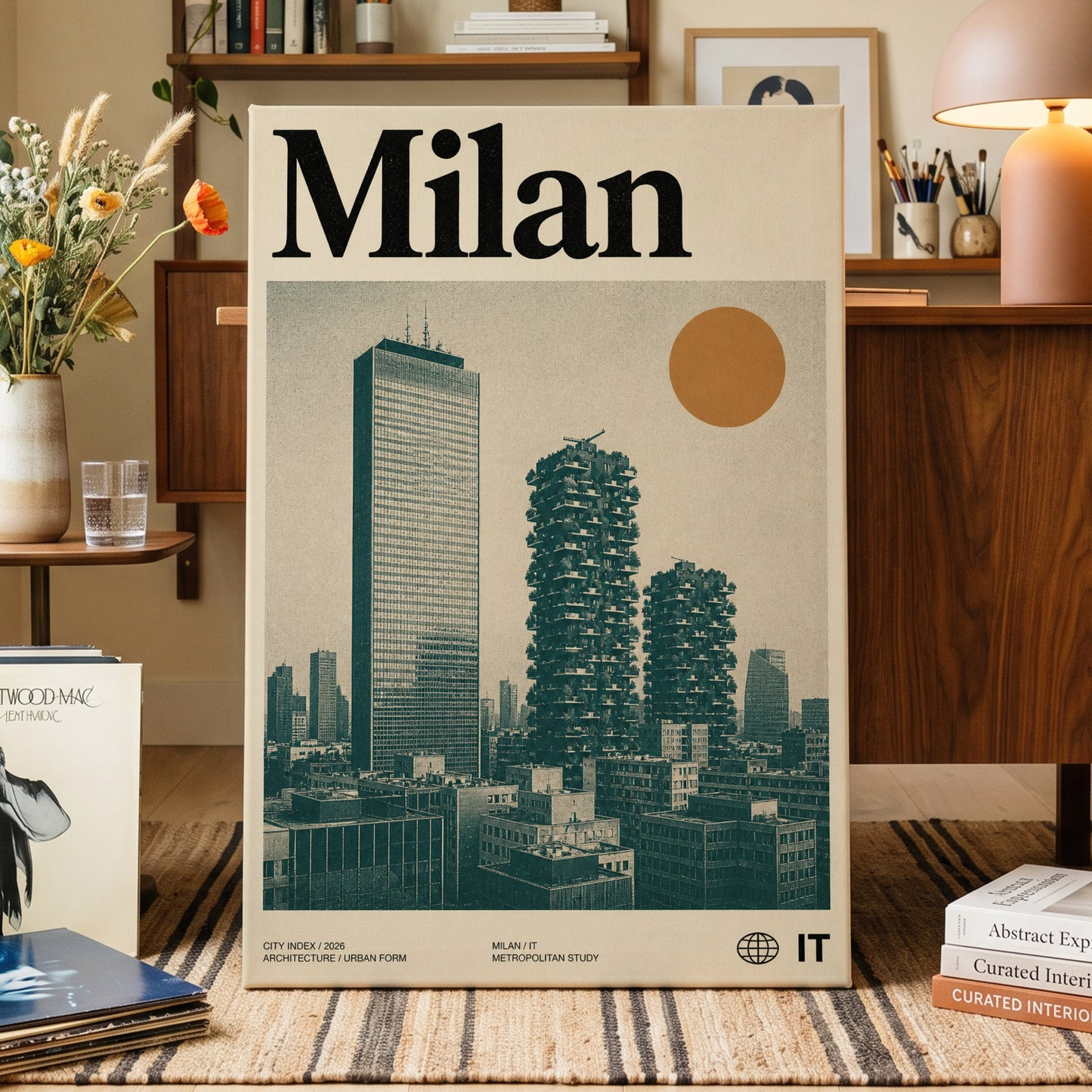 Milan Modernist Skyline, beige, green, black minimalist wall art on canvas displayed in a styled interior, gallery view 1