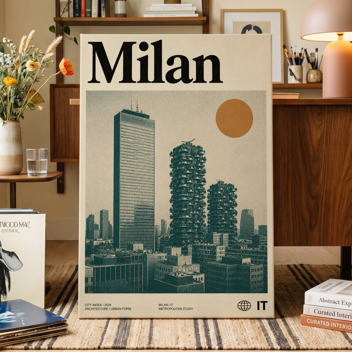 Milan Modernist Skyline, beige, green, black minimalist wall art on canvas displayed in a styled interior, gallery view 1