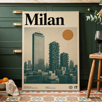Milan Modernist Skyline, beige, green, black minimalist wall art on canvas displayed in a styled interior, gallery view 2