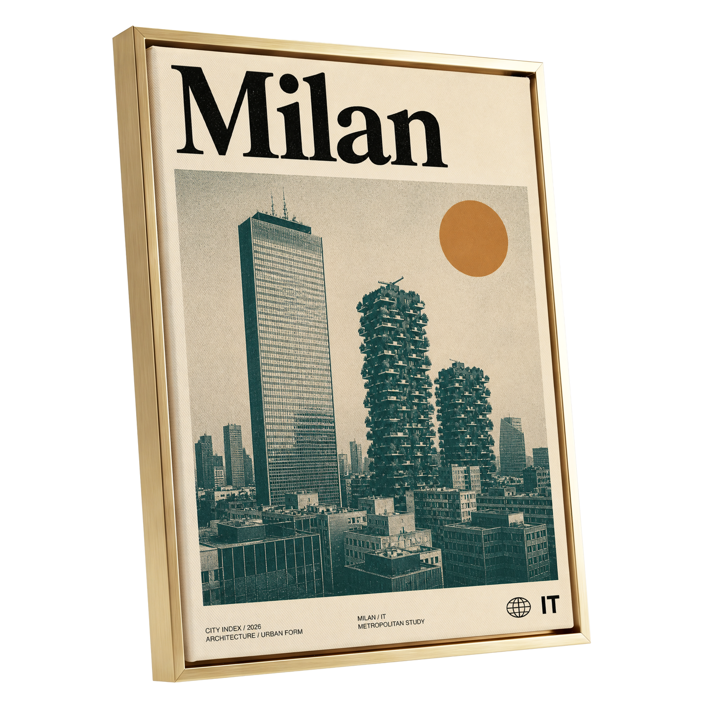 Milan Modernist Skyline, beige, green, black minimalist wall art shown as a gold framed canvas wall art