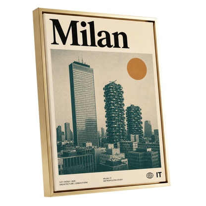 Milan Modernist Skyline, beige, green, black minimalist wall art shown as a gold framed canvas wall art