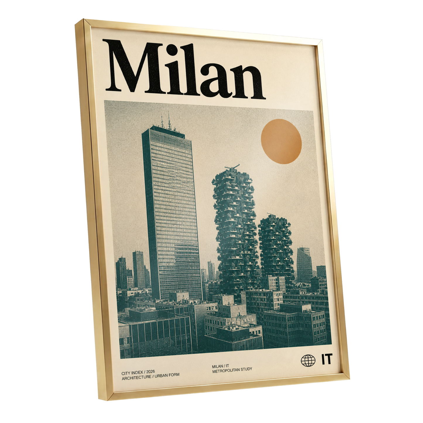 Milan Modernist Skyline, beige, green, black minimalist wall art shown as a gold framed poster wall art print