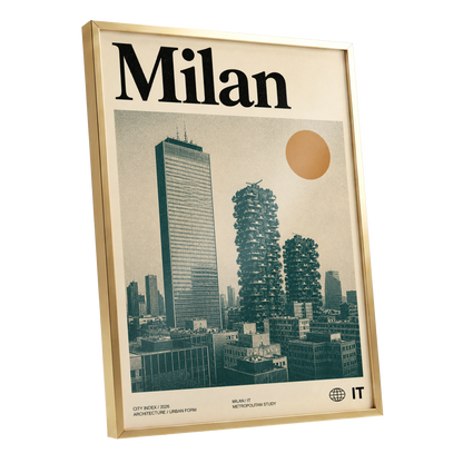 Milan Modernist Skyline, beige, green, black minimalist wall art shown as a gold framed poster wall art print
