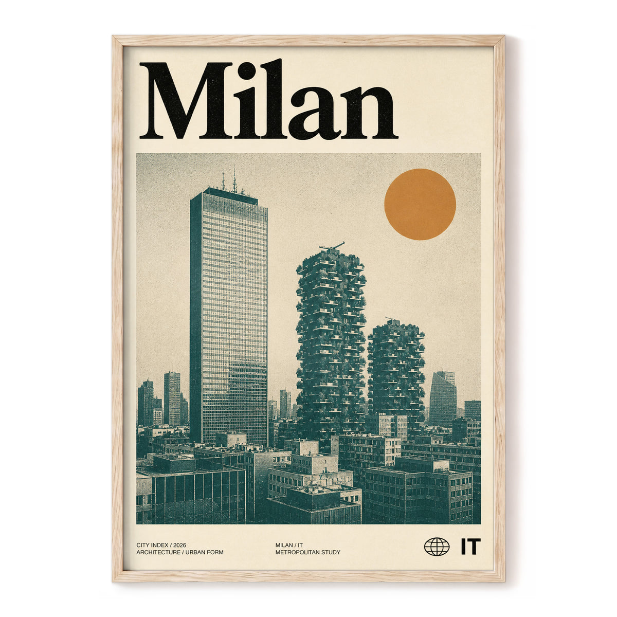 Milan Modernist Skyline, beige, green, black minimalist wall art, front artwork view