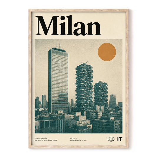 Milan Modernist Skyline, beige, green, black minimalist wall art, front artwork view