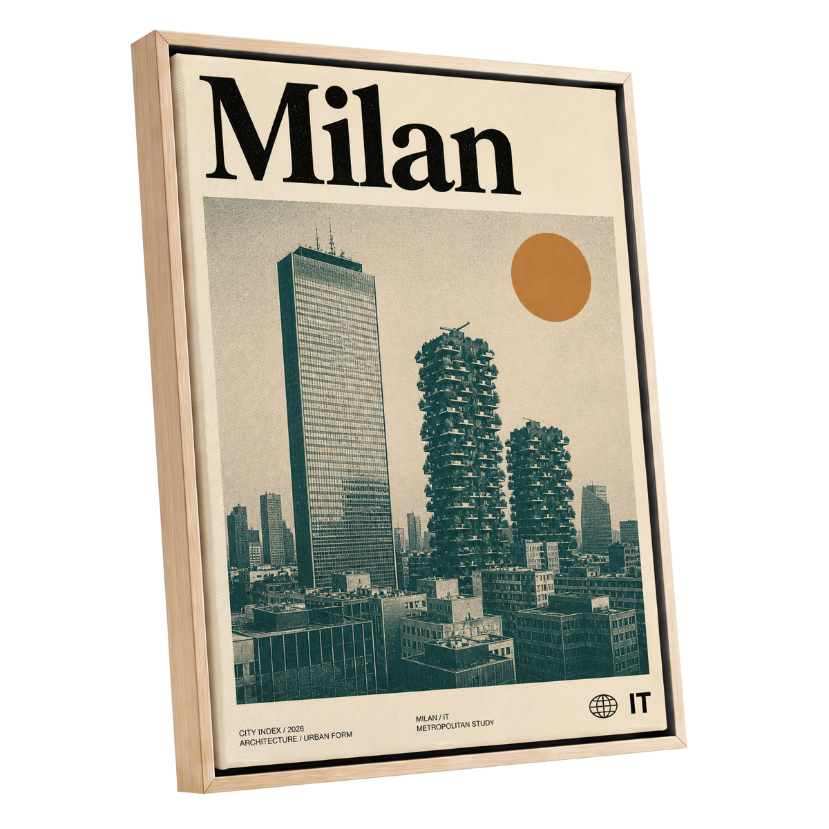 Milan Modernist Skyline, beige, green, black minimalist wall art shown as a oak framed canvas wall art