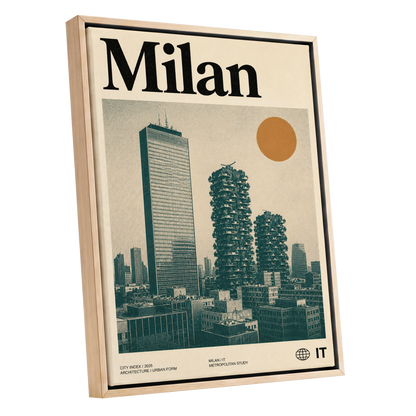 Milan Modernist Skyline, beige, green, black minimalist wall art shown as a oak framed canvas wall art