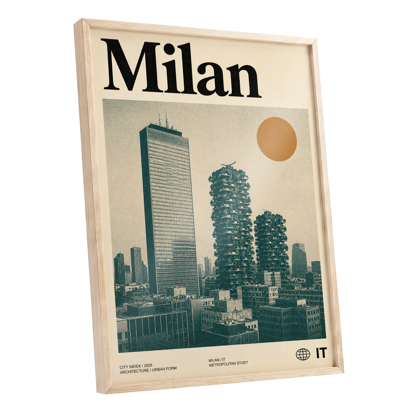 Milan Modernist Skyline, beige, green, black minimalist wall art shown as a oak framed poster wall art print