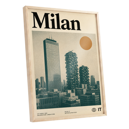 Milan Modernist Skyline, beige, green, black minimalist wall art shown as a oak framed poster wall art print