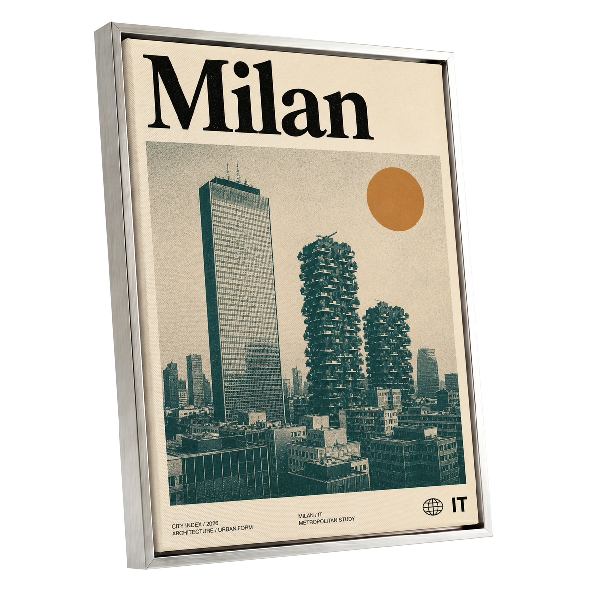 Milan Modernist Skyline, beige, green, black minimalist wall art shown as a silver framed canvas wall art