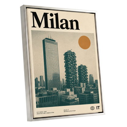 Milan Modernist Skyline, beige, green, black minimalist wall art shown as a silver framed canvas wall art