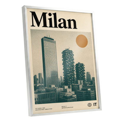 Milan Modernist Skyline, beige, green, black minimalist wall art shown as a silver framed poster wall art print