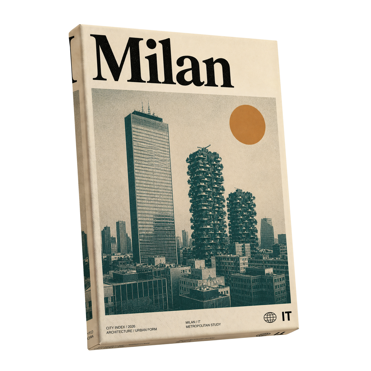 Milan Modernist Skyline, beige, green, black minimalist wall art shown as a stretched canvas wall art