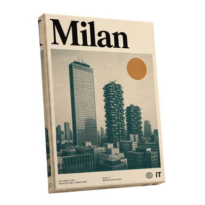 Milan Modernist Skyline, beige, green, black minimalist wall art shown as a stretched canvas wall art