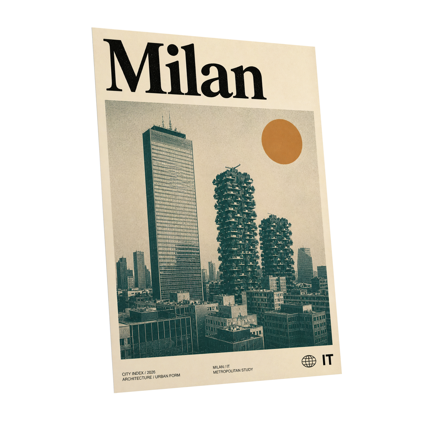Milan Modernist Skyline, beige, green, black minimalist wall art shown as a unframed poster wall art print