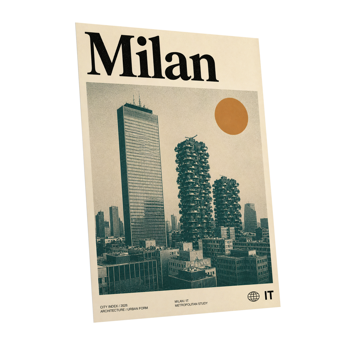 Milan Modernist Skyline, beige, green, black minimalist wall art shown as a unframed poster wall art print