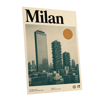 Milan Modernist Skyline, beige, green, black minimalist wall art shown as a unframed poster wall art print