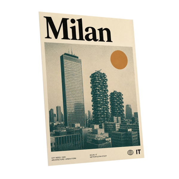 Milan Modernist Skyline, beige, green, black minimalist wall art shown as a unframed poster wall art print