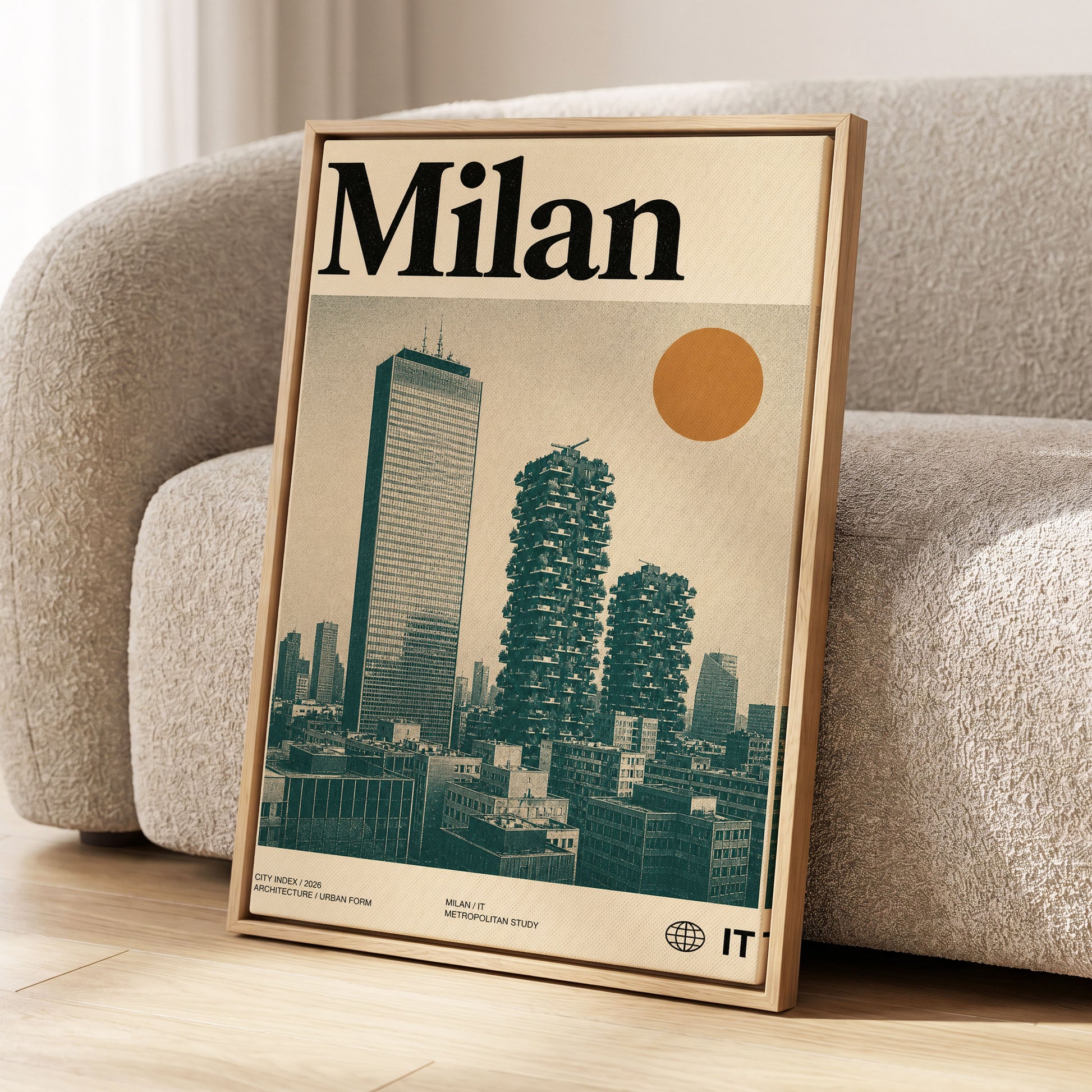 Milan Modernist Skyline, beige, green, black minimalist wall art displayed in a styled interior, gallery view 1