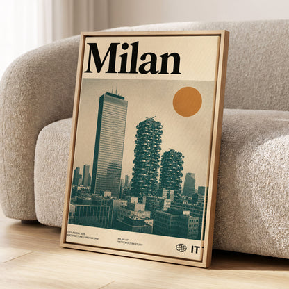 Milan Modernist Skyline, beige, green, black minimalist wall art displayed in a styled interior, gallery view 1