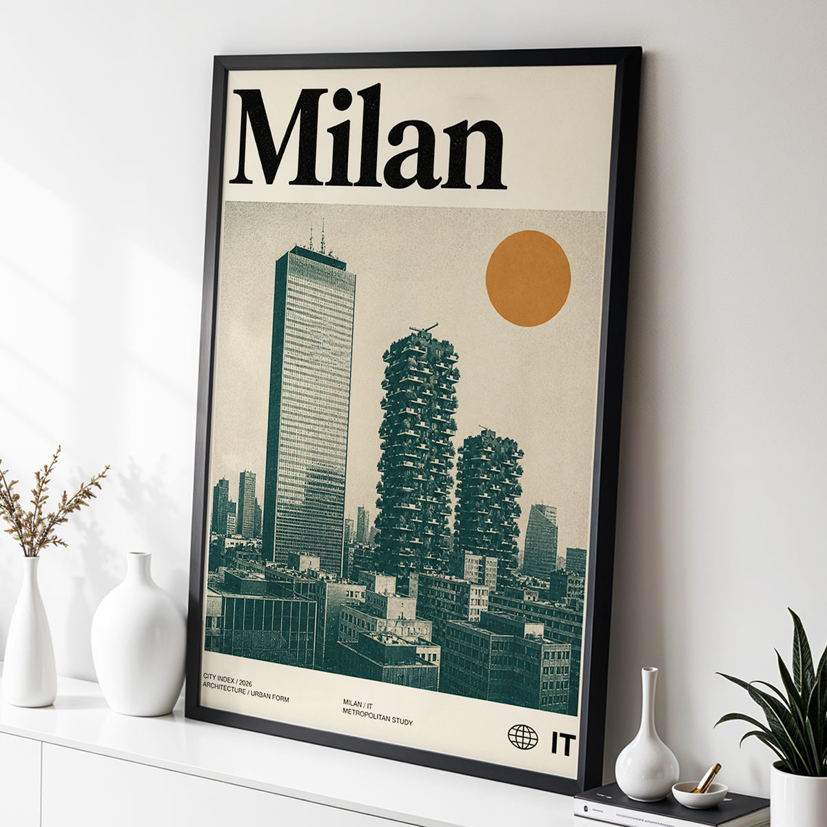 Milan Modernist Skyline, beige, green, black minimalist wall art displayed in a styled interior, gallery view 2