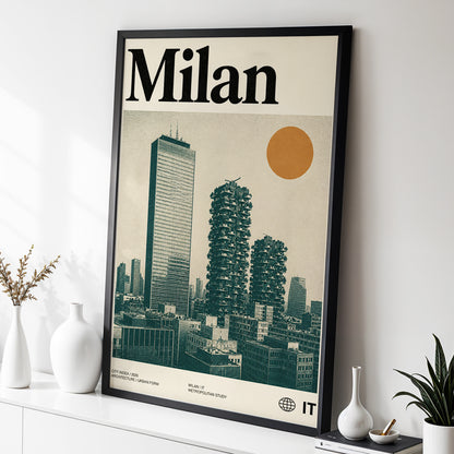 Milan Modernist Skyline, beige, green, black minimalist wall art displayed in a styled interior, gallery view 2