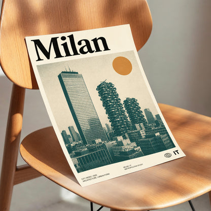 Milan Modernist Skyline, beige, green, black minimalist wall art displayed in a styled interior, gallery view 3