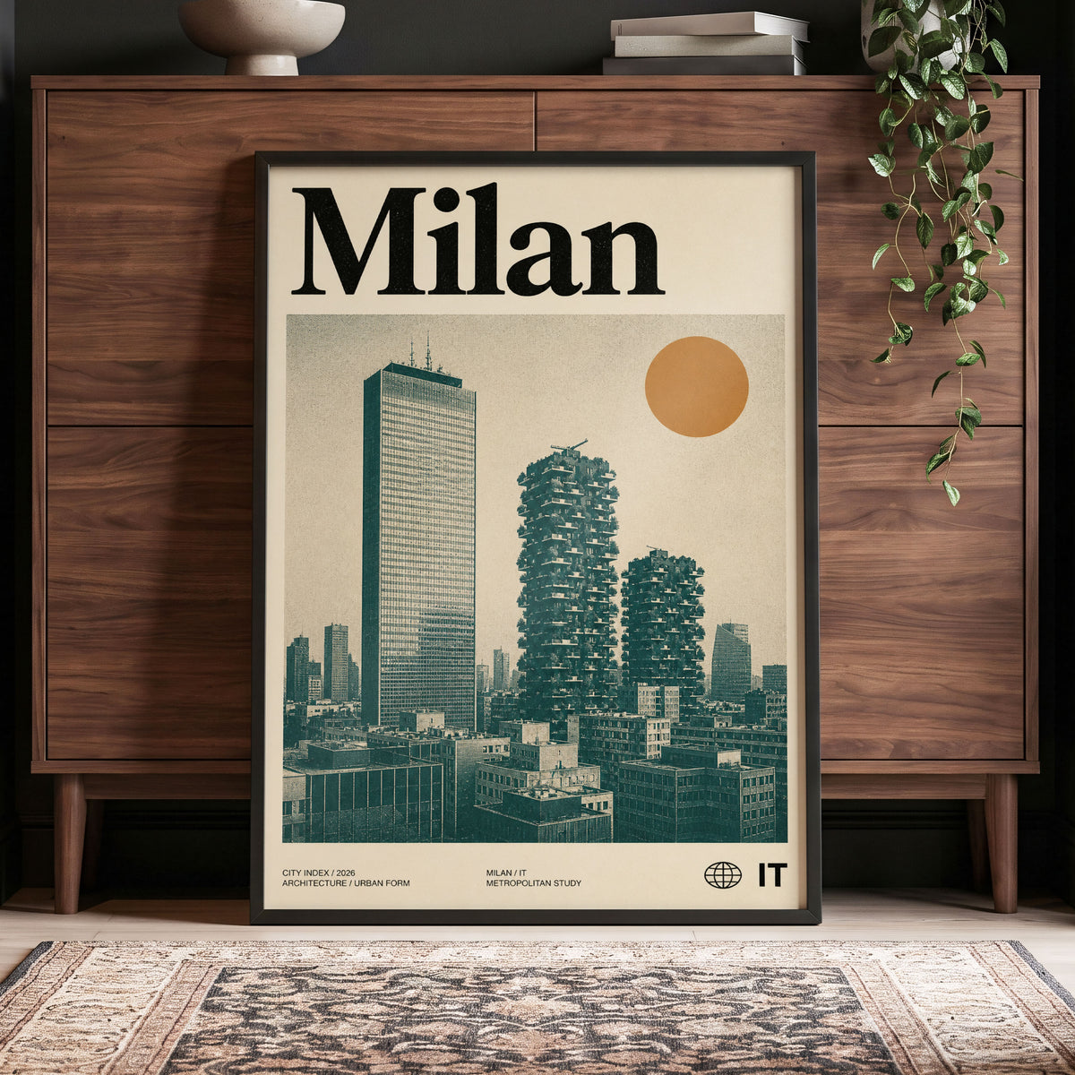 Milan Modernist Skyline, beige, green, black minimalist wall art displayed in a styled interior, gallery view 4