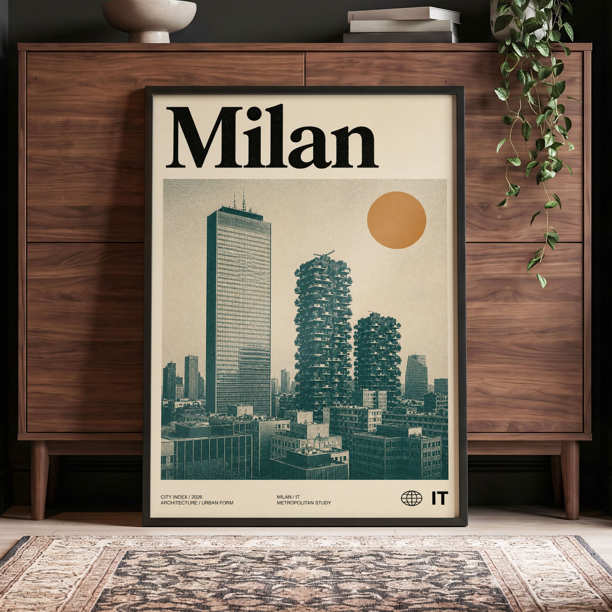 Milan Modernist Skyline, beige, green, black minimalist wall art displayed in a styled interior, gallery view 4