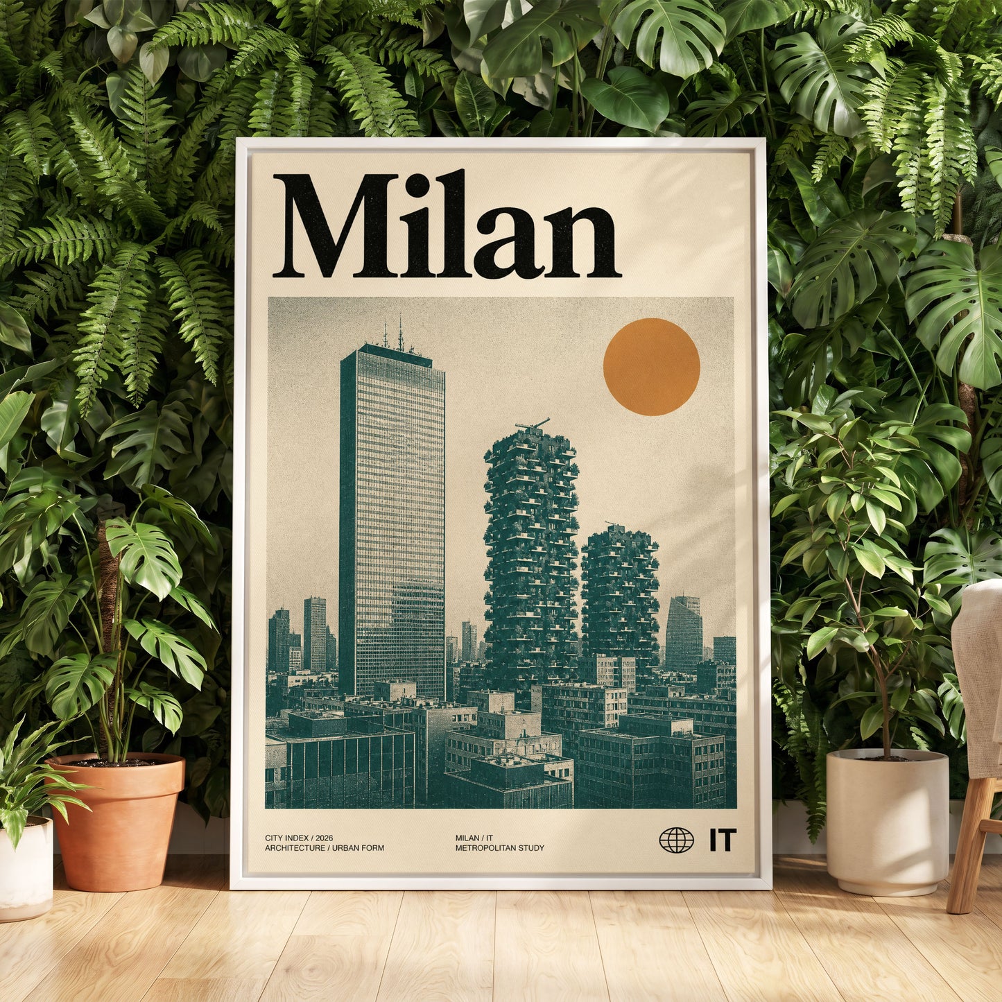 Milan Modernist Skyline, beige, green, black minimalist wall art displayed in a styled interior, gallery view 5