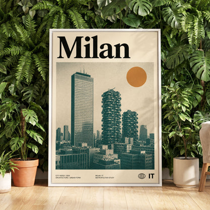 Milan Modernist Skyline, beige, green, black minimalist wall art displayed in a styled interior, gallery view 5