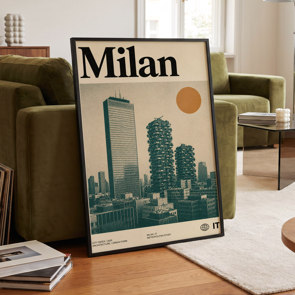 Milan Modernist Skyline, beige, green, black minimalist wall art displayed in a styled interior, gallery view 6
