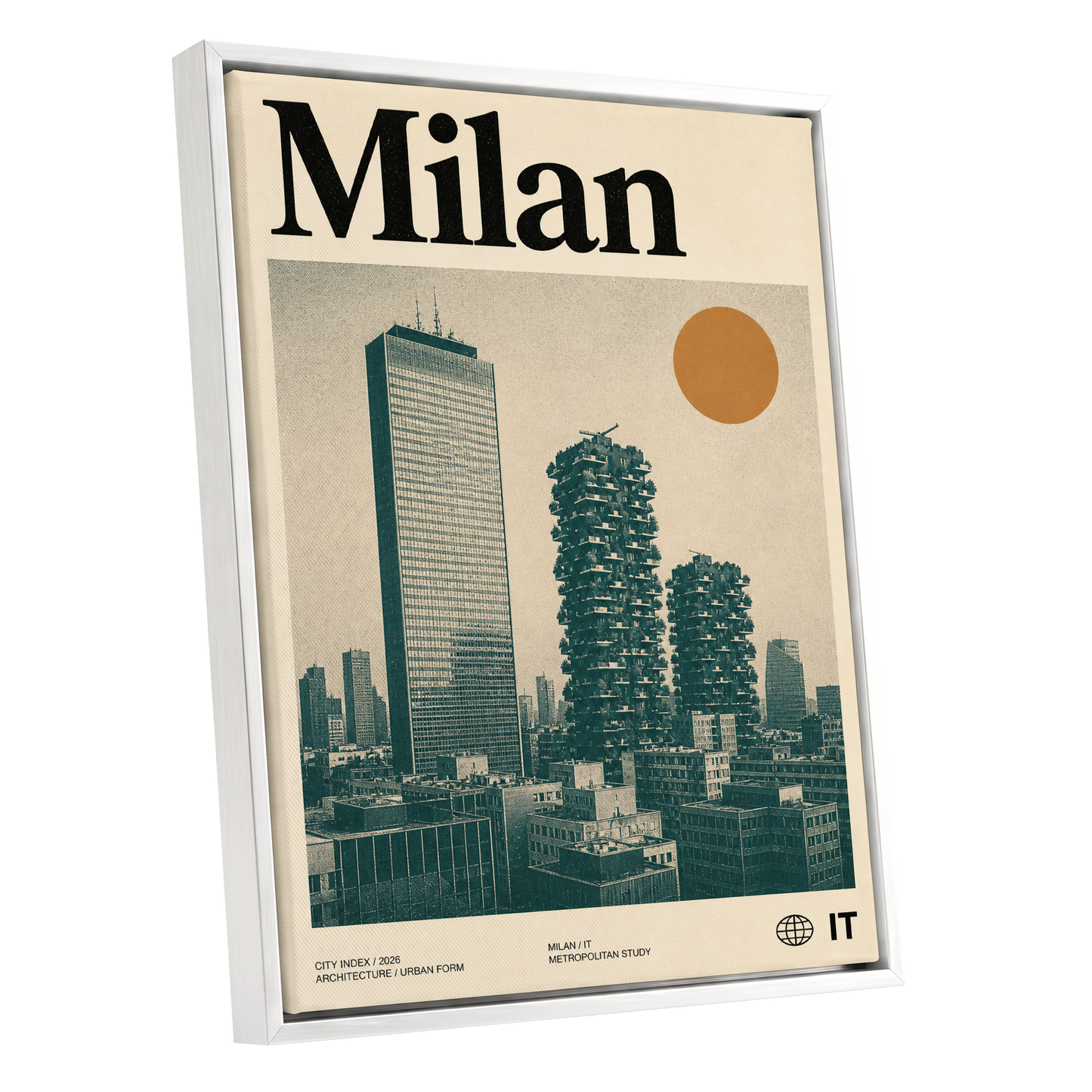 Milan Modernist Skyline, beige, green, black minimalist wall art shown as a white framed canvas wall art