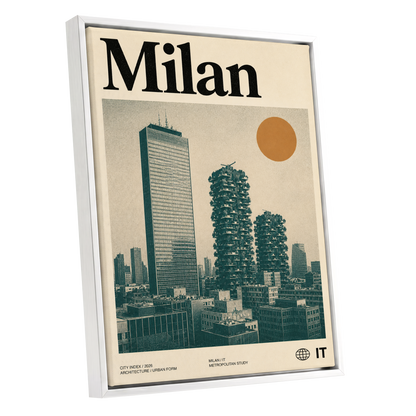 Milan Modernist Skyline, beige, green, black minimalist wall art shown as a white framed canvas wall art
