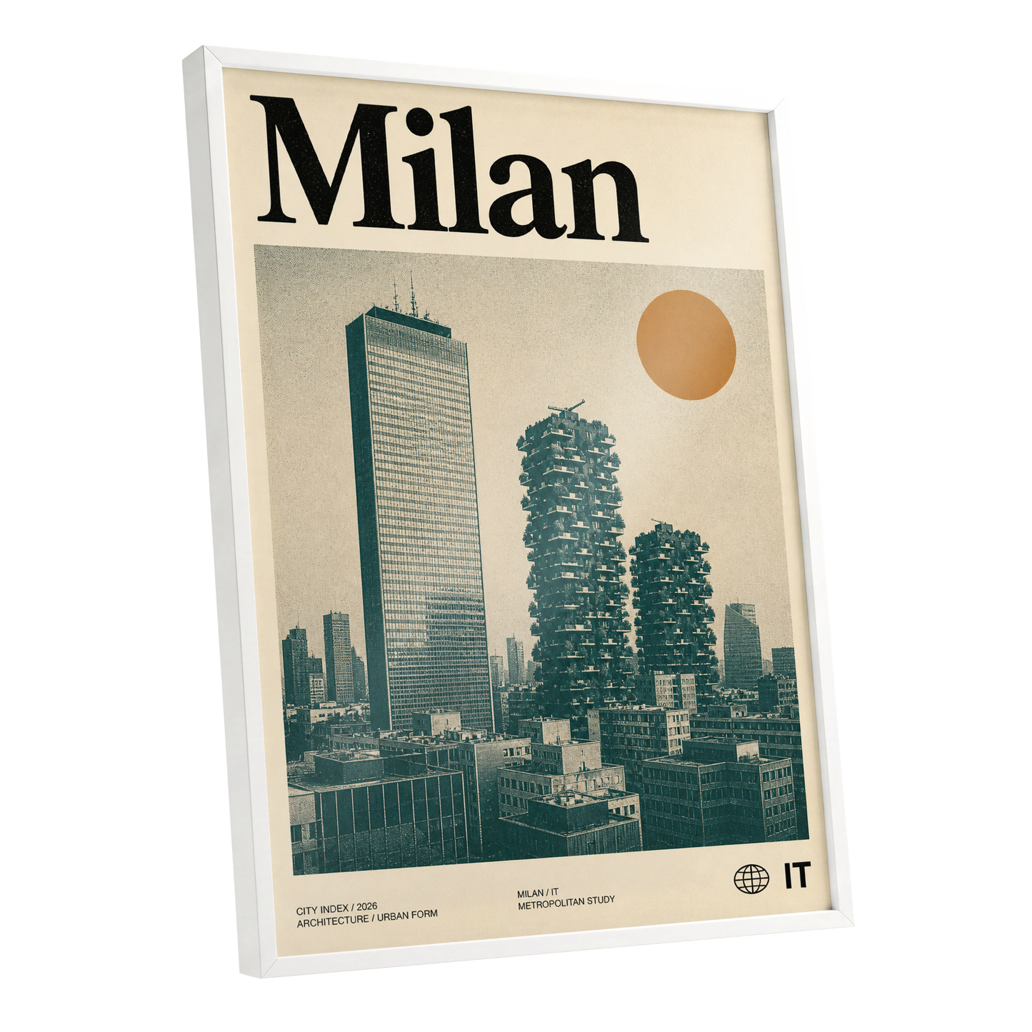 Milan Modernist Skyline, beige, green, black minimalist wall art shown as a white framed poster wall art print
